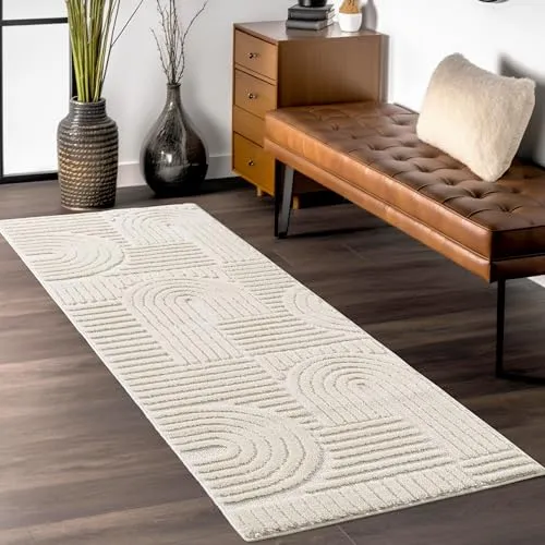 Teppium Kurzflor Teppich Läufer 80 x 250 cm Creme Hochtief 3D Effekt - Flauschig, Extra Weich und Waschbarer Teppich Boho Muster - Teppich für Wohnzimmer, Schlafzimmer, Esszimmer und Küche