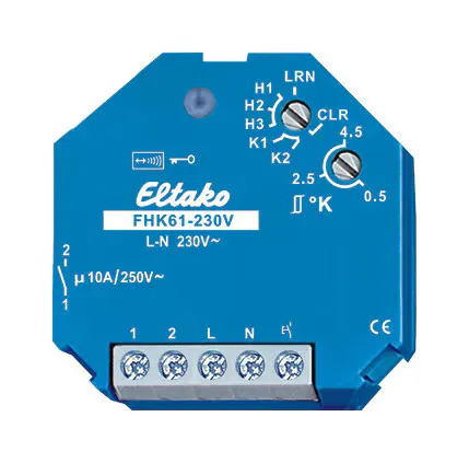 Eltako FHK61-230V Funkaktor-Heiz-Kühl-Relais - Funkaktor für Heiz- und Kühlbetrieb, 10A/250V AC, mit extrem niedrigem Stand-by-Verlust von nur 0,8 Watt. Ideal zur Steuerung von Ventilen, bidirektionaler Funk und Repeater-Funktion für erweiterten Einsatz.