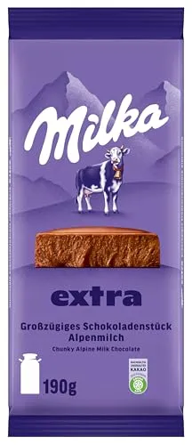 Milka Extra Alpenmilch – Großzügiges Schokoladenstück mit 100% Alpenmilch - Sortimentpackungen für Pralinen – zarte Alpenmilch-Schokolade mit cremiger Textur, ideal für Genussmomente und Kaffeetisch.