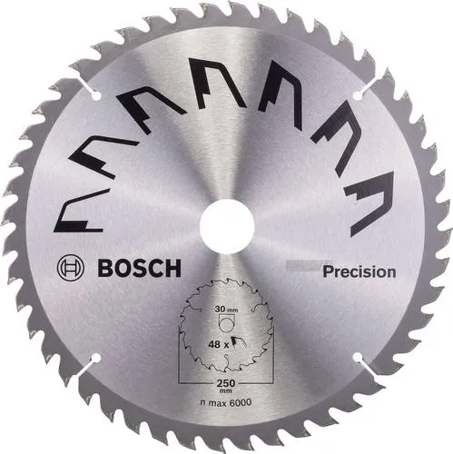 Bosch Accessories Precision 2609256879 Hartmetall Kreissägeblatt 250 x 30mm - Kreissägeblätter mit 48 extra großen Carbide-Zähnen für eine außergewöhnliche Langlebigkeit und präzise Schnitte.