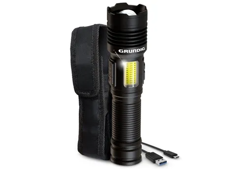 GRUNDIG Taschenlampe LED aufladbar - Extrem helle Boost-Funktion, integrierte Powerbank und hochfestes Alu-Gehäuse für Notfälle
