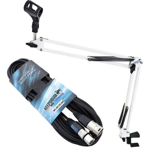 keepdrum Mikrofonständer keepdrum NB35 WH Gelenkarm mit 6m XLR Mikrofonkabel, (Inklusive Mikrofonklammer), Vorteils-Set mit XLR Kabel