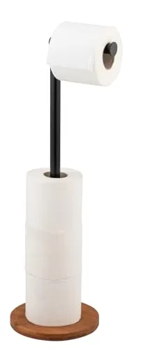 WENKO Stand Toilettenpapierhalter 2-in 1 Mod. Serro, Bodenplatte aus Bambus, Aufbewahrung für bis zu 4 Toilettenpapierrollen, Schwarz
