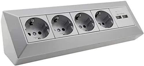 ChiliTec Steckdosenblock Ecksteckdose 4-Fach Steckdose 2X USB 3,1A - 230V Mehrfachsteckdose - Aufbau & Eck-Montage für Küche Werkstatt I Silber