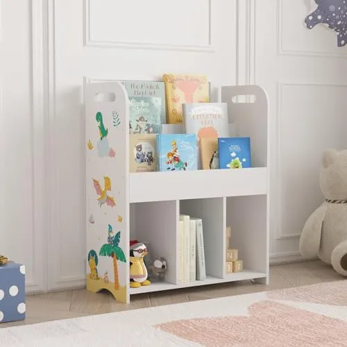en.casa Kinderregal, »Røyrvik« mit Dinosaurier-Motiv - Regal mit 6 offenen Fächern, ideal für Kinderzimmer, mit lustigem Dinosaurier-Motiv für kreativen Stauraum und einfache Selbstmontage.