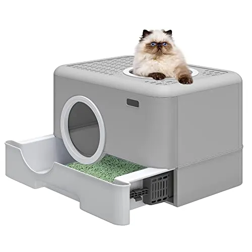 YITAHOME Katzentoilette mit Deckel, Katzenklo Groß, Katzenklo Hop In, Geruchlose Katzentoilette mit Kapuze, mit Schublade und Abfallschaufel (Grau)