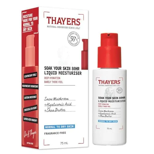 Thayers Your Skin 80HR Liquid Moisturizer - Gesichtscreme mit Hyaluronsäure und Schneepilz - Dermatologisch getestete Hautpflege für normale und trockene Haut - 75 ml
