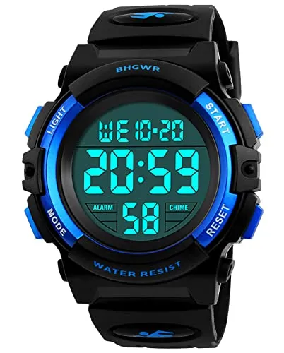 BHGWR Jungen Digitaluhren, Kinder Sport 5 ATM wasserdicht Digital Uhren mit Alarm/Timer/EL Licht, Blau Kinderuhren Outdoor Armbanduhr für Jugendliche Jungen