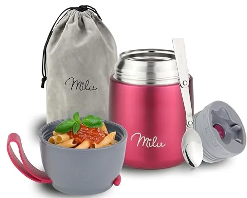 Milu® Thermobehälter für Essen 450ml - Thermos-Lebensmittelbehälter mit 9 Stunden Wärmeschutz und integriertem Löffel, ideal für gesundes Essen unterwegs. Perfekt für Kinder und Erwachsene!