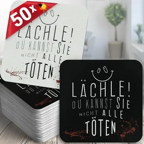 Scherzhafte Bierdeckel von Funke & Brand – Lächle, Du Kannst sie Nicht alle töten 50er Set, Schwarz-Weiß mit roten Splattern