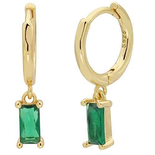 LIHELEI Damen Ohrringe Creolen mit Anhänger Baguette, 925 Sterling Silber Golden Ohrringe mit Smaragd Zirkonia, Hypoallergen Huggies Creolen- Golden Smaragd