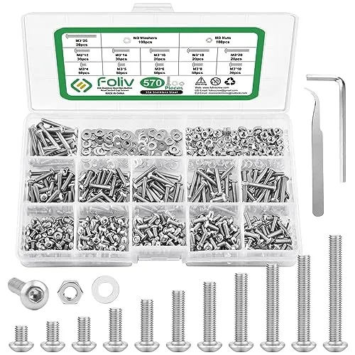 Foliv 570 PCS Edelstahl M3 Schrauben und Muttern Sortiment Set, Silber Halbrundkopf Innensechskant Schraube Flachscheibe Kit, Gewindemaschinen Sechskantschrauben für Home Office Industrieelektronik
