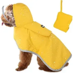 Hunderegenmantel wasserdicht Kapuze Reflexstreifen XS Gelb - Wasserdichter Hunderegenmantel mit Kapuze und Reflexstreifen in XS Gelb. Halte deinen Hund trocken und sichtbar bei jedem Wetter. Der praktische Mantel ist leicht anzupassen und ideal für entspannte Spaziergänge.
