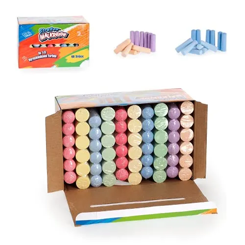 Smart-Planet Straßenkreide Set 60 Stück im Karton Straßenmalkreide - verschiedene bunte Farben zum Malen im Freien - abwaschbar - Kreide für Outdoor