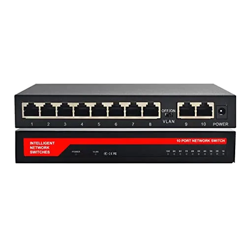 KuWFi LAN Switch 10 Port Netzwerk Switch ( Plug-and-Play Gigabit Ethernet Switch LAN Splitter, LAN Verteiler, Ethernet Hub, Unterstützung Vlan, lüfterloses Metallgehäuse Unmanaged)