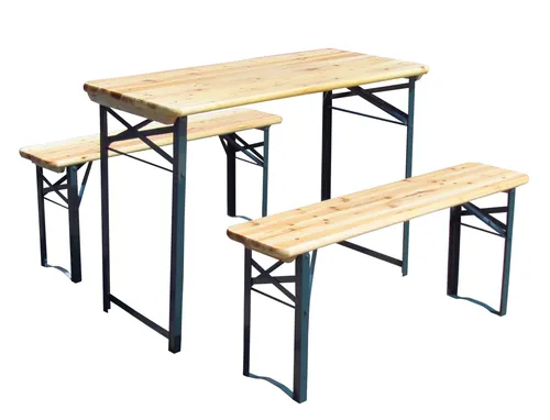 Balkon-Bierzeltgarnitur 3-teilig 110cm lang | 1 x Tisch 2 x Bank | aus Holz mit lackiertem Stahlgestell