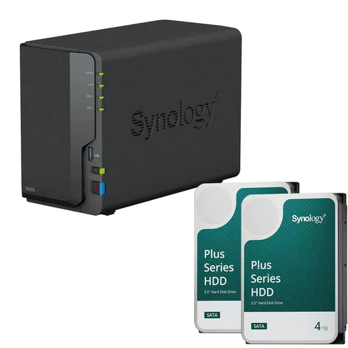 Synology DiskStation DS223 NAS-Server mit 2 Einschüben und 2x 4TB Festplatten - Leistungsstarker NAS-Server mit 2 Einschüben und 8TB Gesamtkapazität. Ideal für die sichere Speicherung und den Zugriff auf Daten im Heim- oder Bürogebrauch.
