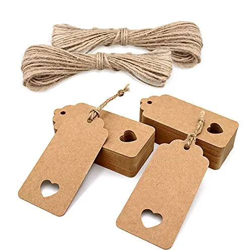 jijAcraft 200 Stück Geschenkanhänger Hochzeit Anhänger Kraftpapier Etiketten 9,5 x 4,5 CM, Anhängeetiketten mit Juteschnur, für Valentinstag, Hochzeit, Taufe, Weihnachten Geschenkverpackung (Braun)