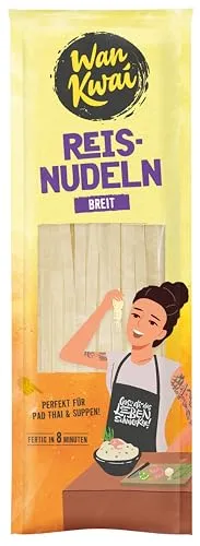 Wan Kwai Reisnudeln breit 250g – Authentische Vielfalt für Pad Thai, Suppen & mehr. Vegan & glutenfrei. Schnell fertig in 8 Minuten.