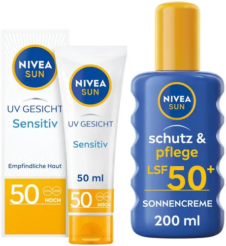 NIVEA SUN Schutz & Pflege LSF 50+ Gesichtspflegeset - Hochwirksame Sonnencreme für empfindliche Gesichtshaut. Bietet sofortigen Schutz vor UVA- und UVB-Strahlen und sorgt für langanhaltende Feuchtigkeit.