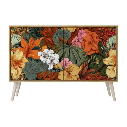 SPACEREBELS Moderne Kommode Mit 2 Türen 111x57,3x42 cm Kleiderschrank mit Mustern Komodenschrank Möbel TV Schrank Sideboard Flurkommode Wohnzimmer Mehrzweckschrank Flur Natur