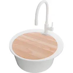 PRIMAGRAN Granitspüle Alles Weiß 50x50cm – Elegantes Rundspülbecken mit Zubehör