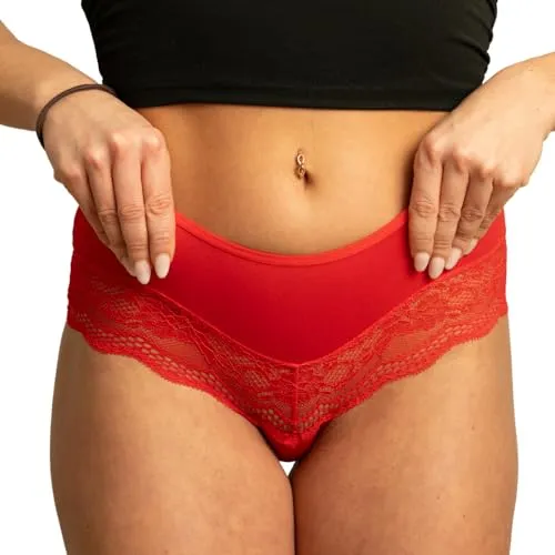Benonetti Hipster Damen Baumwolle - 3er Pack - Seamless Frauen Unterhosen mit Spitze - Atmungsaktiv Stretch Nahtlose Panties (DE/NL/SE/PL, Alphanumerisch, S, Regular, Regular, rot)