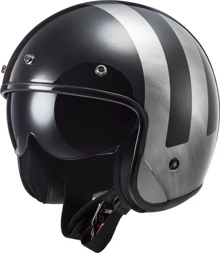 LS2 OF601 Bob II Lines Jethelm, schwarz-silber, Größe L - Motorradhelm mit integriertem Sonnenvisier, kratzfestem und UV-beständigem Visier sowie herausnehmbaren, waschbaren Innenfutter für maximalen Komfort.