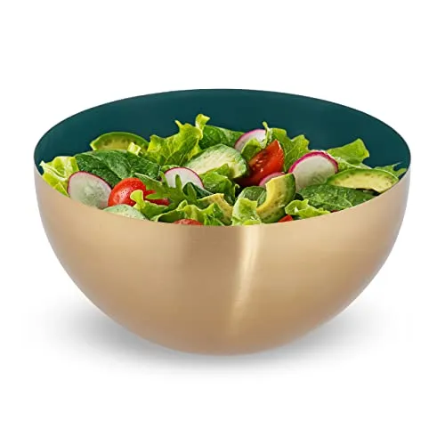 Relaxdays Salatschüssel, Edelstahl, Ø 25cm, runde Metallschüssel zum Backen & Servieren, Küchenschüssel 3,5 l, grün/gold
