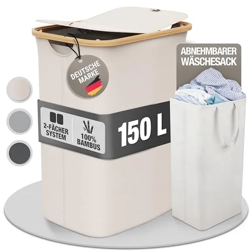 Wäschekorb 150L mit 2 Deckeln und 2 Fächern – Faltbarer Wäschesammler aus Bambus-Stoff Beige – Wäschebox, Wäschetruhe, Wäschebehälter, Wäschetrenner für Bad, Schlafzimmer & Waschküche