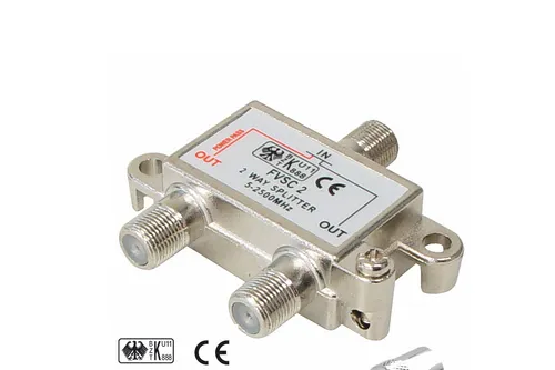 SAT BK Verteiler Splitter 2-fach 2-Way 5-2450 MHz - Satellitenweichen & Splitter, ermöglicht den Anschluss von zwei Geräten an eine Satellitenquelle für flexibles Fernsehen in HD-Qualität.