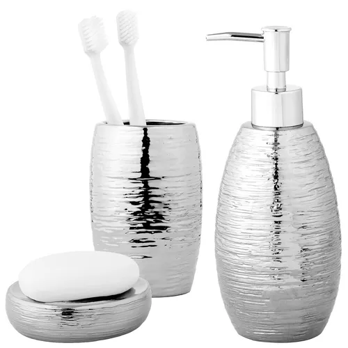 Premium Badset - Luxuriöses Badezimmer Set in Silber - Badezimmerzubehör-Set aus hochwertiger Keramik, verleiht Ihrem Bad einen eleganten Look mit einem stilvollen Seifenspender.