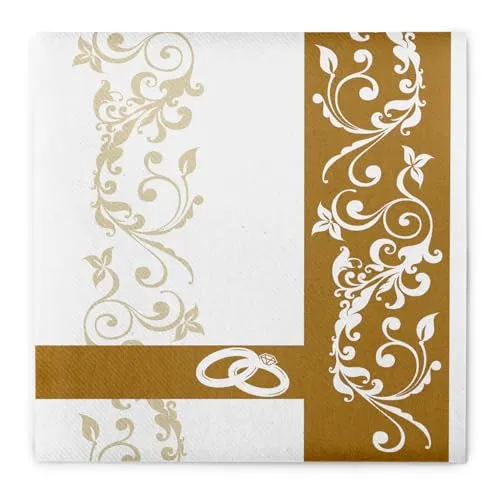 Sovie HORECA Serviette HOCHZEIT in GOLD aus Linclass® Airlaid, 40 x 40 cm (20 x 20 cm gefaltet), 50 Stück – edle Hochzeitsservietten mit Ornamentranken & 2 Ringe