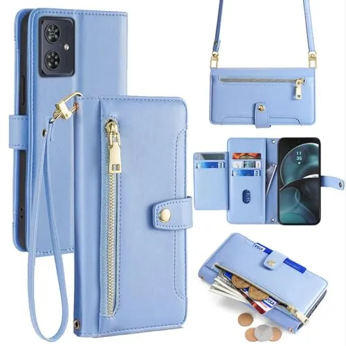 betterfon Hülle Kompatibel mit Motorola Moto G14 | Leder Handyhülle Praktische Handykette Kartenfächer Brieftasche Umhängetasche Kompatibel für Moto G14 | Hellblau