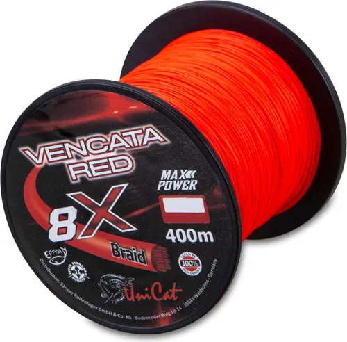 Uni Cat Wallerschnur Vencata Red 8X Braid – 200 m - Angelschnur, geflochten mit einer hohen Tragkraft und ideal für Welsangeln, in auffälligem Rot für bessere Sichtbarkeit.