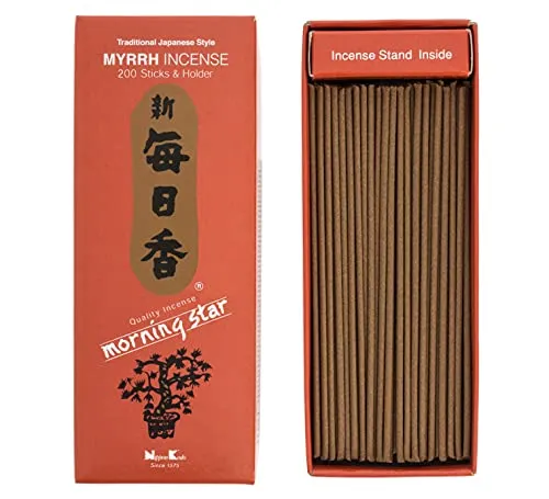 Nippon Kodo Morning Star Myrrhe Räucherstäbchen im japanischen Stil mit 200 Riegeln, inkl. Räucherstäbchenhalter