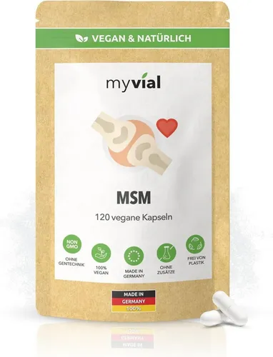 myvial MSM Kapseln natürlicher Schwefel - 750 mg - hochdosierte Kapseln, 120 vegane Kapseln, MSM (Methylsulfonylmethan) à 120 St., plastikfrei verpackt, 4 Monate Vorrat, höchste Qualität, ohne Zusätze