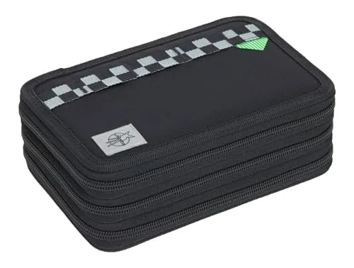 LÄSSIG Unique School Triple Pencil Case Slim Black - Federmäppchen in stilvollem Schwarz, perfekt ausgestattet mit Stiften, Lineal, Spitzer und Radiergummi – ideal für den Schultag!