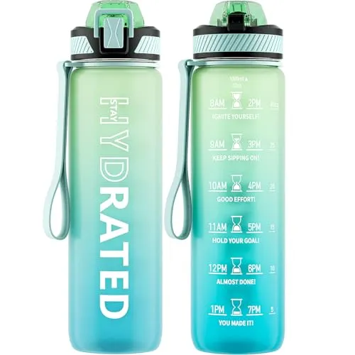 QLUR Trinkflasche, 1L BPA-Frei Tritan Wasserflasche mit Strohhalm, Trinkflasche Sport Auslaufsicher mit Zeitmarkierung und Bürste, Sportflasche für Fitness, Schule, Yoga, Grün Minze (1 Flasche)