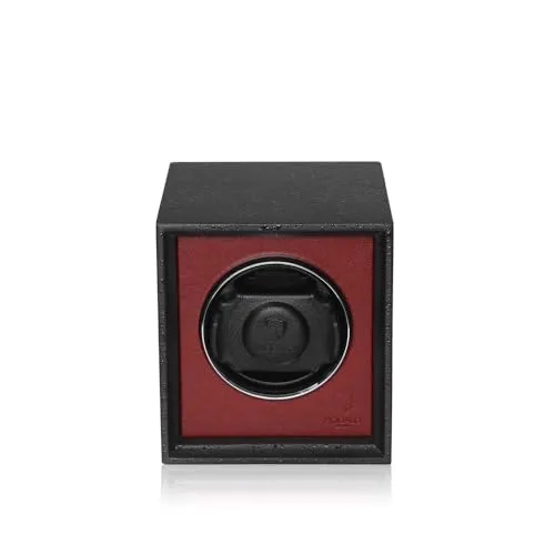 MODALO Twist Uhrenbeweger Automatik für 1 Uhr/Watch Winder – leiser Motor, 900 TPD, Massivholz & Leder, Kratzfeste Oberfläche, für Herren und Damen (Mattschwarz Rot)