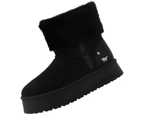 Mustang Shoes Stiefelette Damen Schwarz - Wanderschuhe mit kuscheligem Warmfutter und Plateauabsatz für warme Füße, hochwertiges Veloursleder und Wechselfußbett für optimalen Tragekomfort.