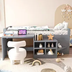 MODFU Einzelbett 90x200 mit Schreibtisch und Stauraum in Grau
