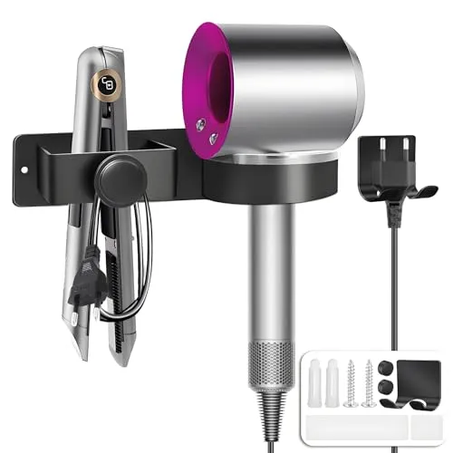 Fönhalter Ohne Bohren, Halterung für Glätteisen, Aluminium Föhn Halterung，Selbstklebende Oder Schraubbare Halterung für Haartrockner，Mit Kabelaufbewahrung，Geeignet für Bäder Friseure Hotels (Schwarz)