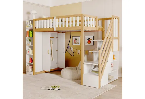 Odikalo Kinderbett Hochbett Jugendbett 90x200 mit Stauraum (Multifunktionales Hochbett 90x200cm mit Regalen, Stauschrank und großem Kleiderschrank, Sicherheitsleiter mit Ablagefächern, Grau + Rohholzfarben)
