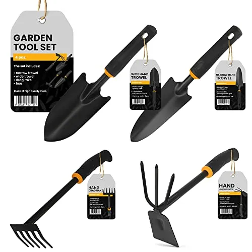 Gartenwerkzeug Set 4-Teiliges | 2X Gartenschaufel Kleinrechen Doppelhacke Grasrechen Kleingeräte-Set Gartenset Gartenpflege Pflanze Topfblumen Handwerkzeuge