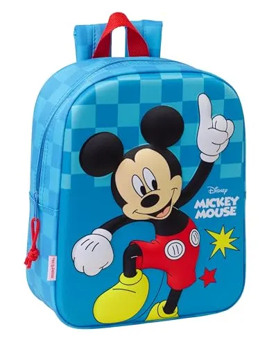 Safta Mickey Mouse 3D Kindergartentasche 3D, anpassbar an den Wagen, einfache Reinigung, ideal für Kinder verschiedener Altersgruppen, bequem und vielseitig, Qualität und Widerstandsfähigkeit, 22 x 10