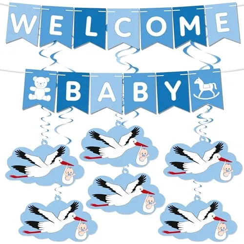 BRUBAKER Welcome Baby Girlande - Wimpelkette mit Storch Anhängern und Deko Wirbel Spiralen - Willkommensdeko Set für Jungen und Mädchen Dekoration für Babyparty, Zuhause und Babyzimmer - Blau