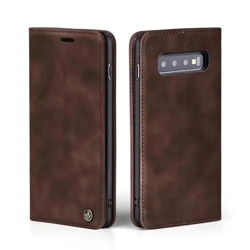 LBH Handyhülle für Samsung Galaxy S10 in Dunkelbraun mit Karten- und Geldfach Smartphone Hülle mit Standfunktion Flip Case Schutzhülle Magnetverschluss Vintage