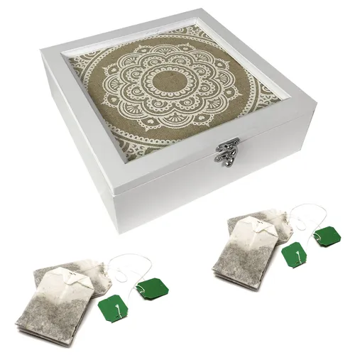 Teebox mit Dekor Holz Vorrats Tee Box Shabby Look Aufbewahrungsbox Weiß 9 Fächer