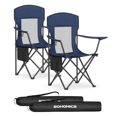 SONGMICS Campingstuhl 2er Set, Klappstuhl Outdoor, Angelstuhl, hohe Rückenlehne, verstellbare Armlehnen, Getränkehalter, klappbar, bis 150 kg belastbar, Camping Garten, hafenblau GCB028Q01